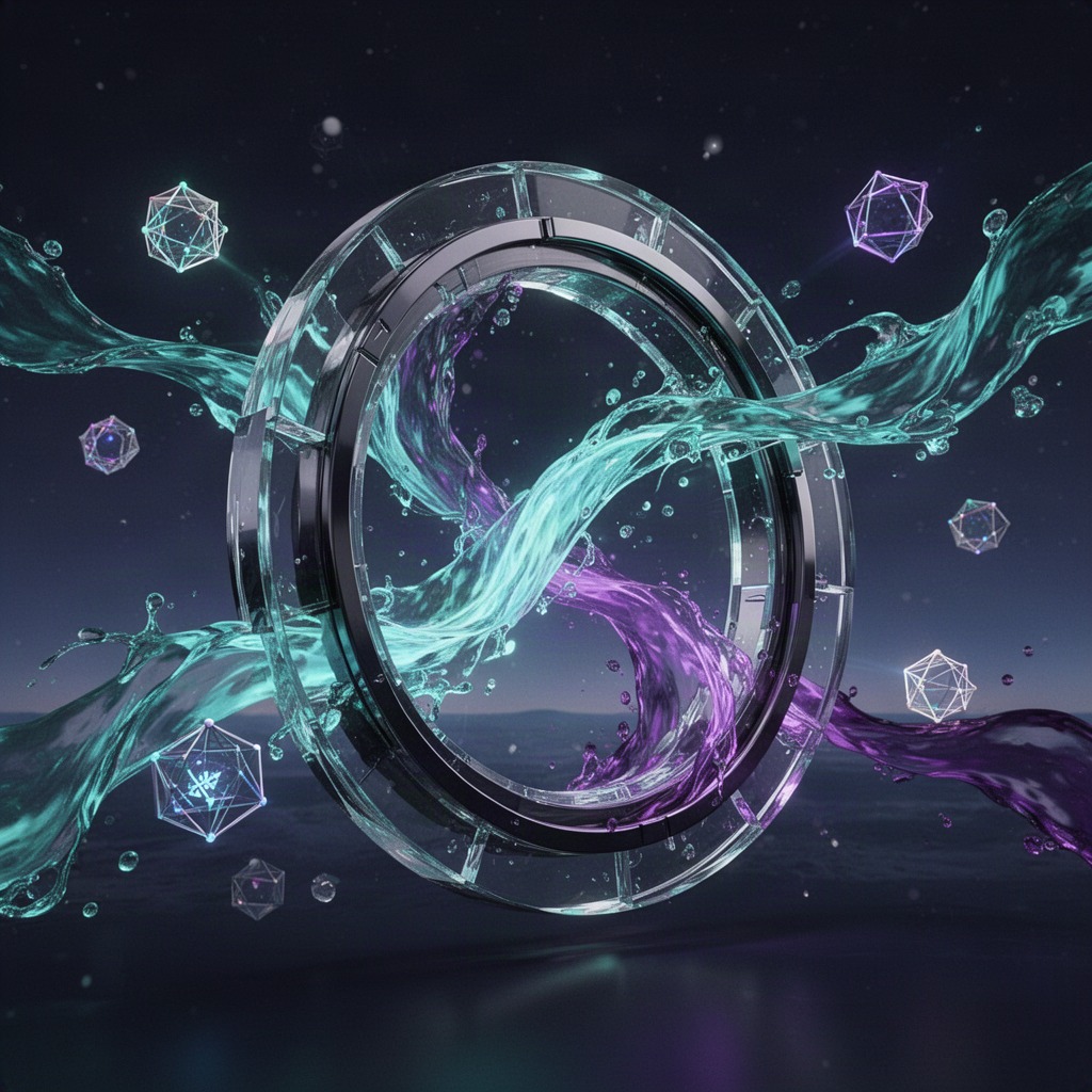 Abstract visualization of liquidity flowing between connected blockchain networks in the Stargate Finance protocol